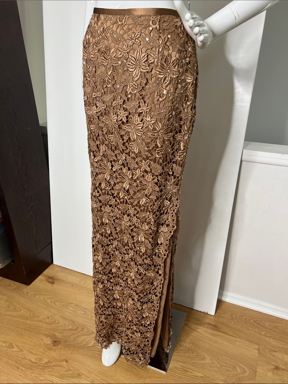 Liancarlo Sz 12 Beaded Formal Brown Beaded Lace Full Maxi Length Side Slit Skirt